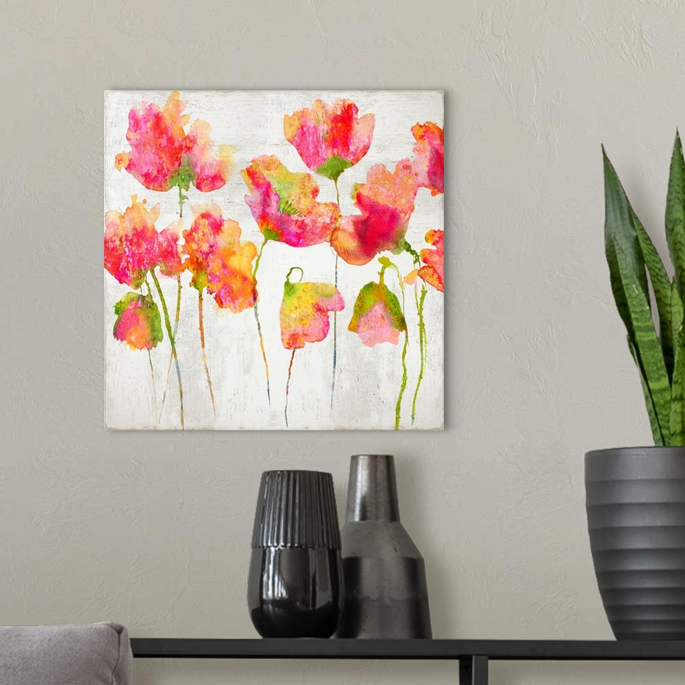A modern room featuring Pink watercolor poppies against a distressed white background.