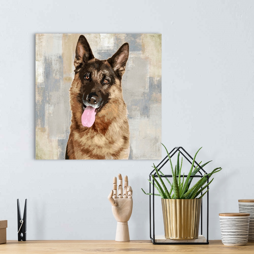 A bohemian room featuring Square decor with a portrait of a German Shepherd on a layered gray, blue, and tan background.