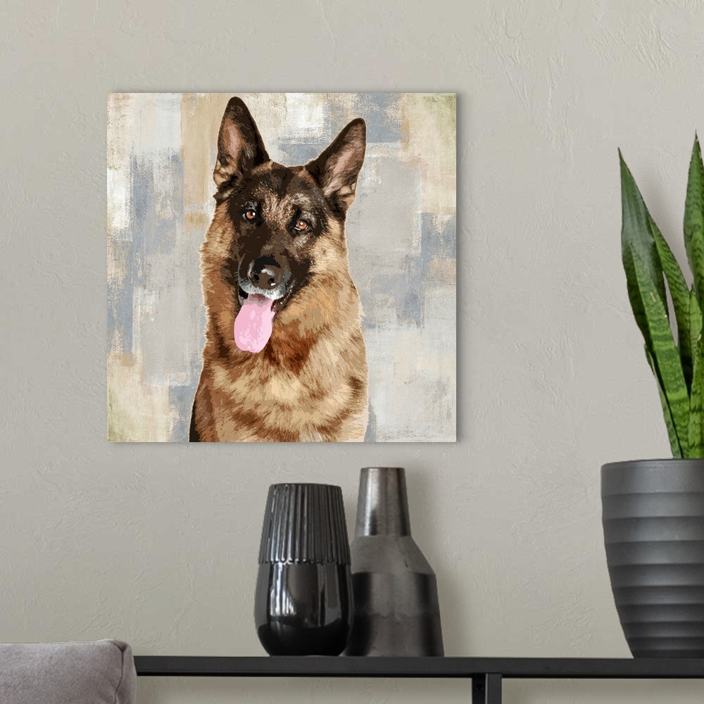 A modern room featuring Square decor with a portrait of a German Shepherd on a layered gray, blue, and tan background.