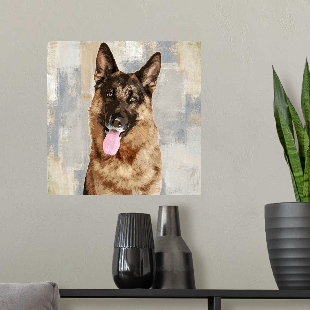 A modern room featuring Square decor with a portrait of a German Shepherd on a layered gray, blue, and tan background.