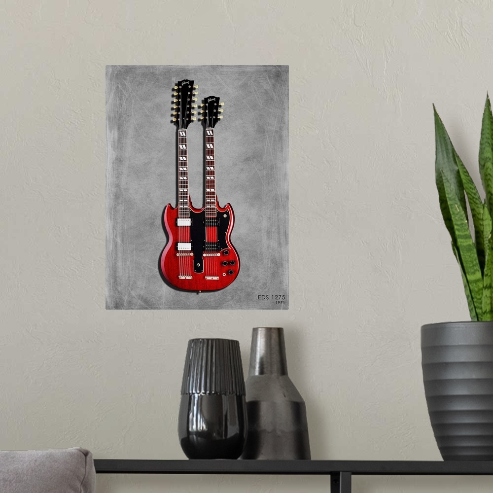 A modern room featuring Photograph of a Gibson EDS1275 71 printed on a textured background in shades of gray.