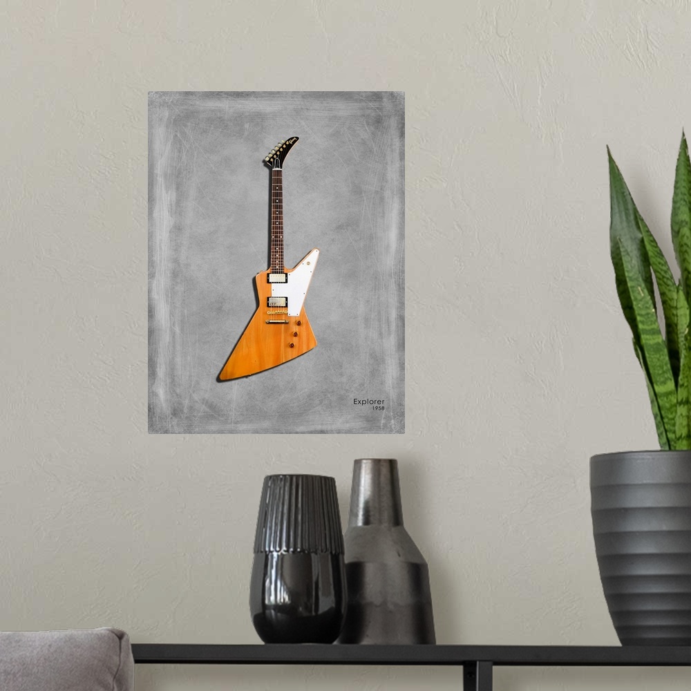 A modern room featuring Photograph of a Gibson Explorer 58 printed on a textured background in shades of gray.
