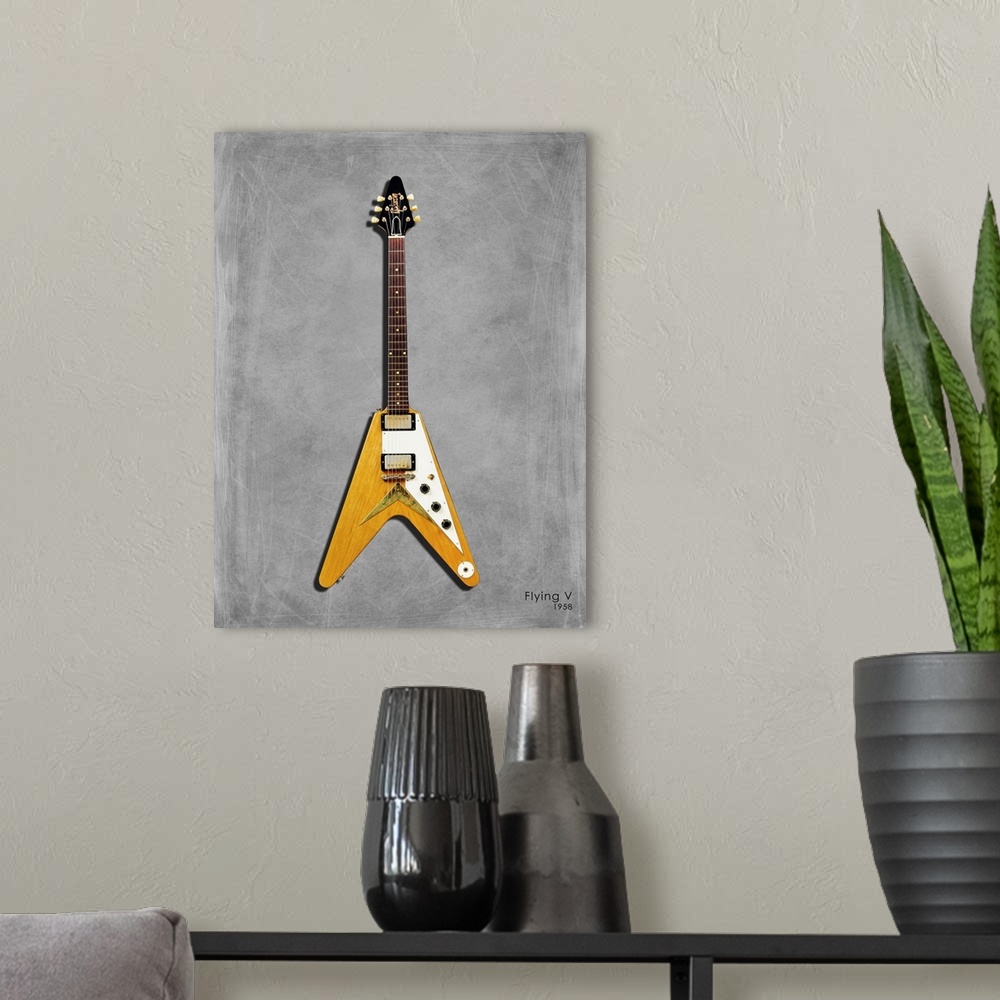 A modern room featuring Photograph of a Gibson FlyingV 58 printed on a textured background in shades of gray.