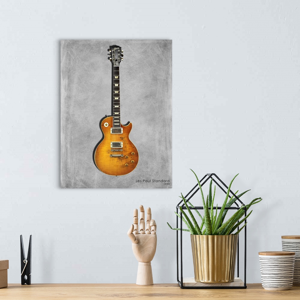 A bohemian room featuring Photograph of a Gibson Les Paul Standard 1959 printed on a textured background in shades of gray.