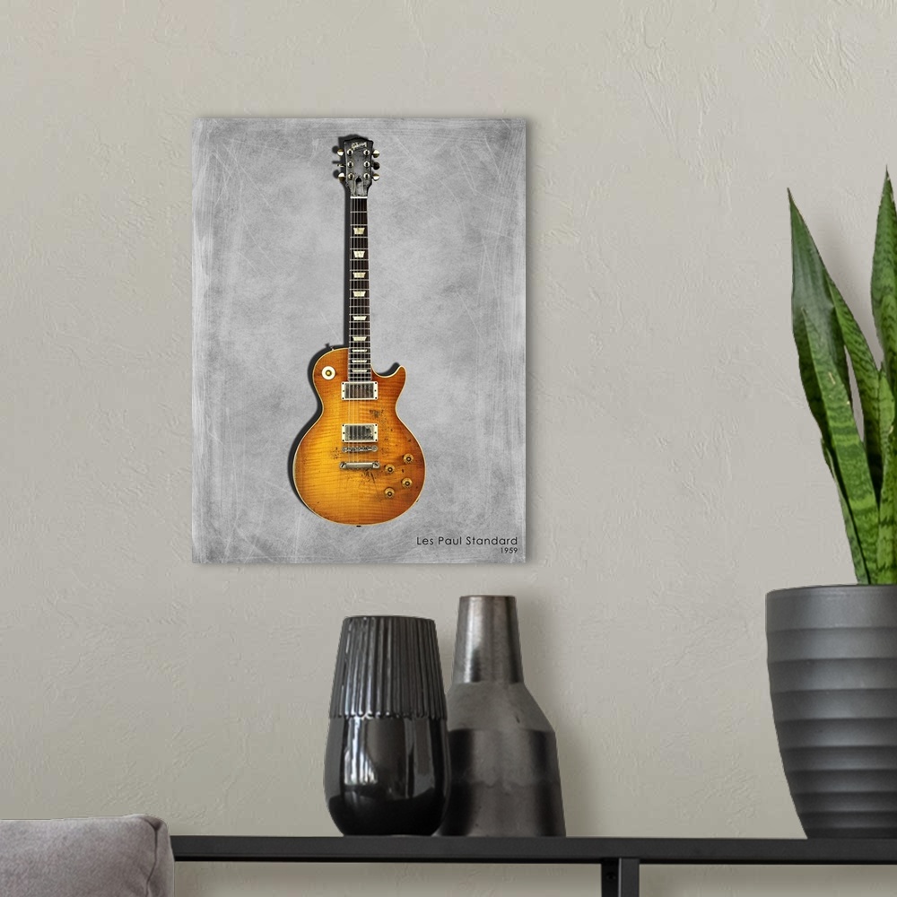 A modern room featuring Photograph of a Gibson Les Paul Standard 1959 printed on a textured background in shades of gray.