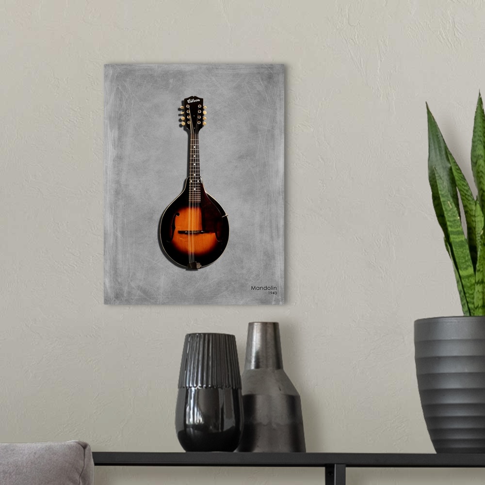 A modern room featuring Photograph of a Gibson Mandolin 1943 printed on a textured background in shades of gray.