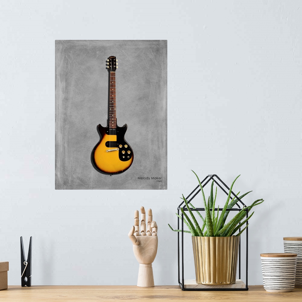 A bohemian room featuring Photograph of a Gibson Melody Maker 62 printed on a textured background in shades of gray.