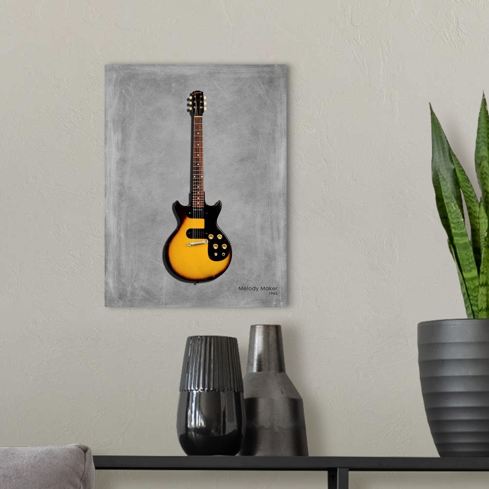 A modern room featuring Photograph of a Gibson Melody Maker 62 printed on a textured background in shades of gray.