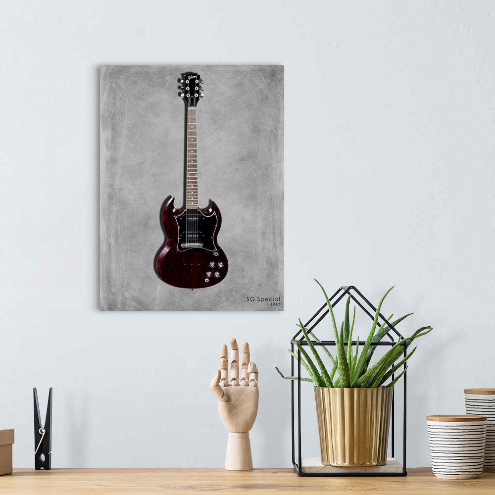 A bohemian room featuring Photograph of a Gibson SG Special 1967 printed on a textured background in shades of gray.