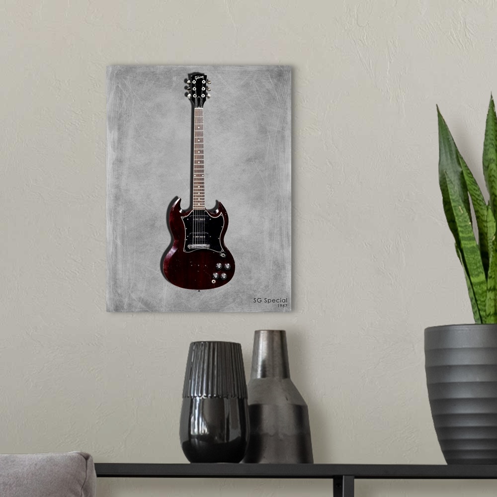 A modern room featuring Photograph of a Gibson SG Special 1967 printed on a textured background in shades of gray.