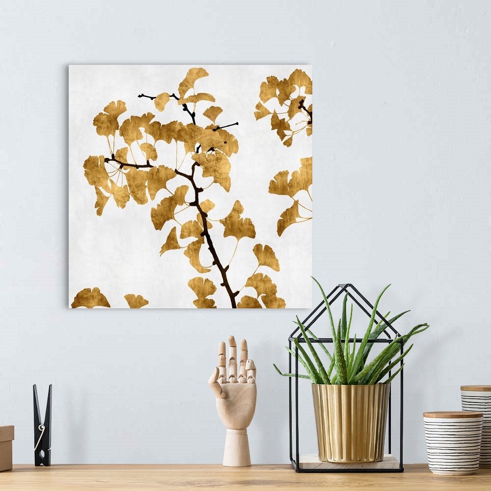 A bohemian room featuring Silhouetted golden ginkgo leaves and brown branches on a white background.