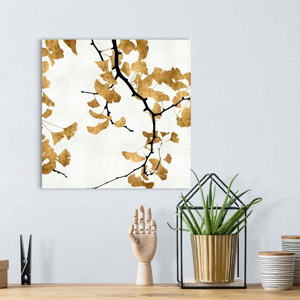 A bohemian room featuring Silhouetted golden ginkgo leaves and brown branches on a white background.