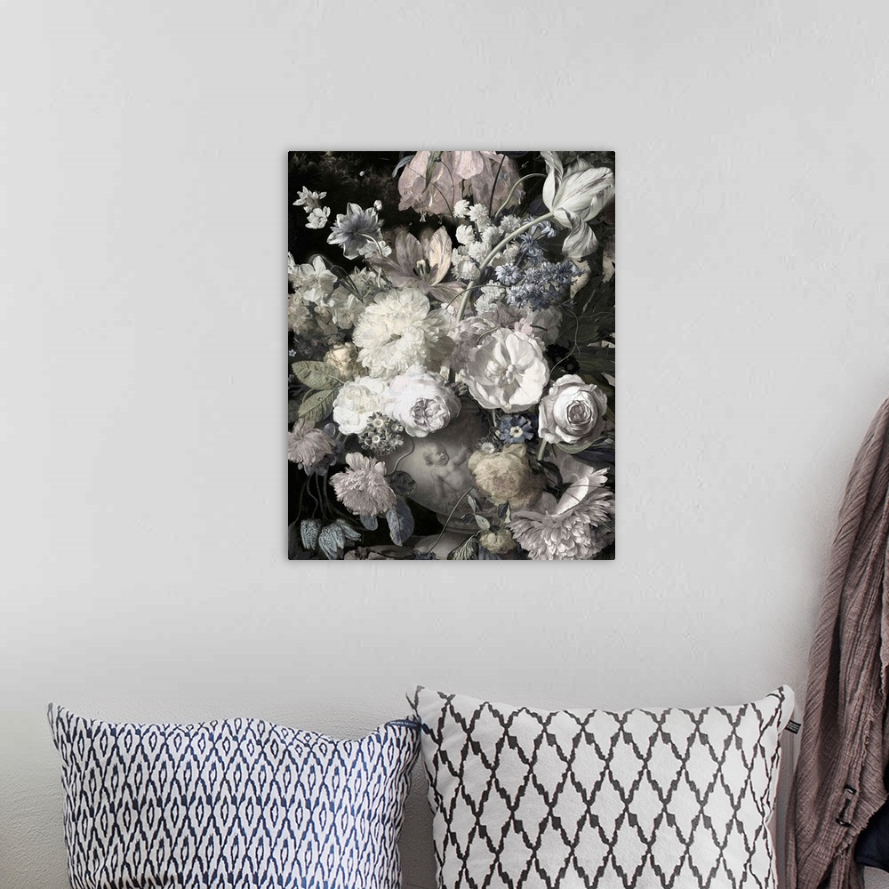 A bohemian room featuring Desaturated artwork showing a romantic bouquet of flowers in a vase with a cherub on it over a da...