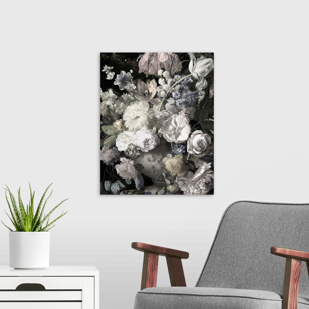 A modern room featuring Desaturated artwork showing a romantic bouquet of flowers in a vase with a cherub on it over a da...