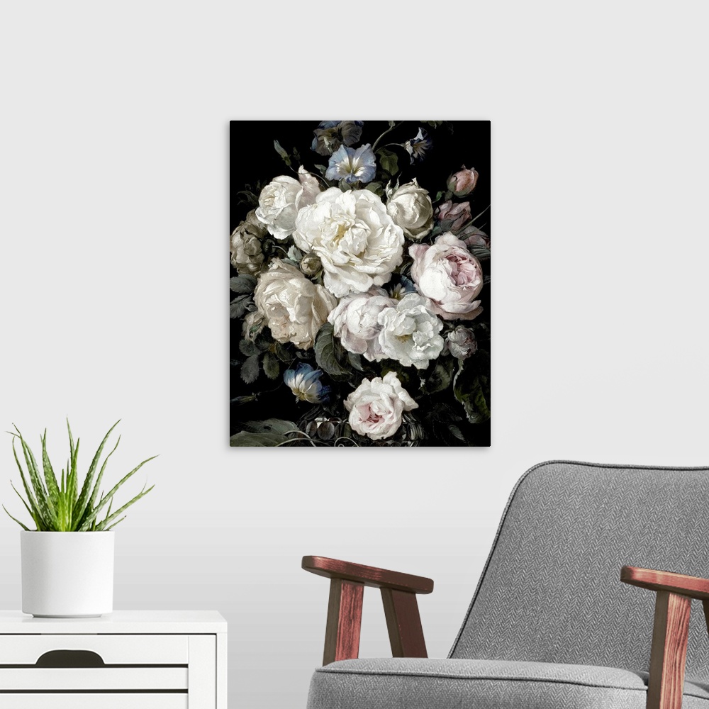 A modern room featuring Desaturated artwork showing a romantic bouquet of flowers in a vase  over a dark background.
