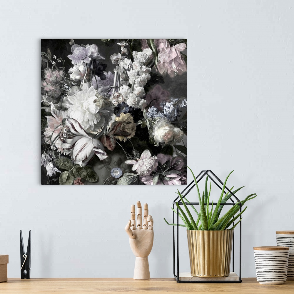A bohemian room featuring Desaturated artwork showing a romantic bouquet of flowers in a vase with cherubs on it over a dar...