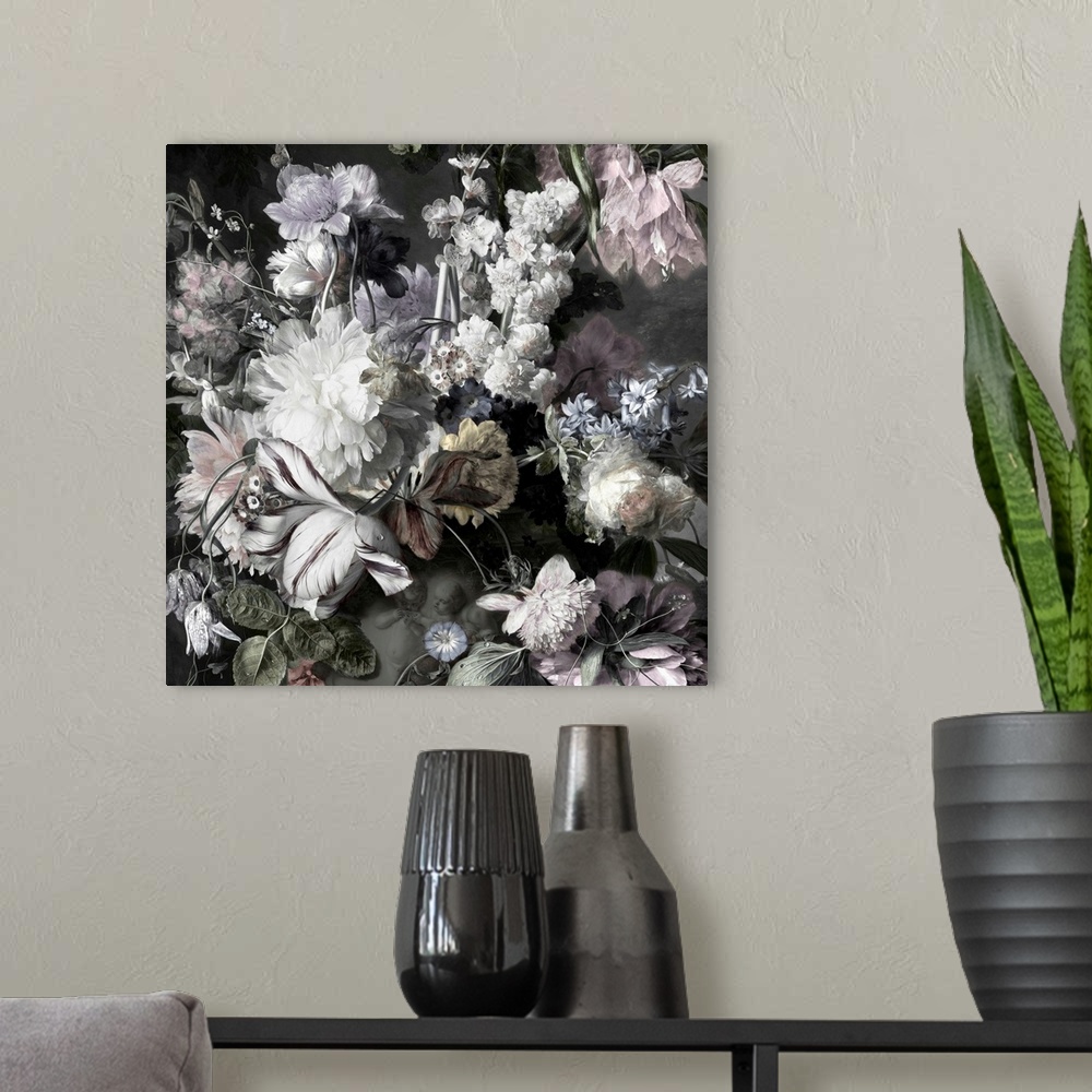 A modern room featuring Desaturated artwork showing a romantic bouquet of flowers in a vase with cherubs on it over a dar...