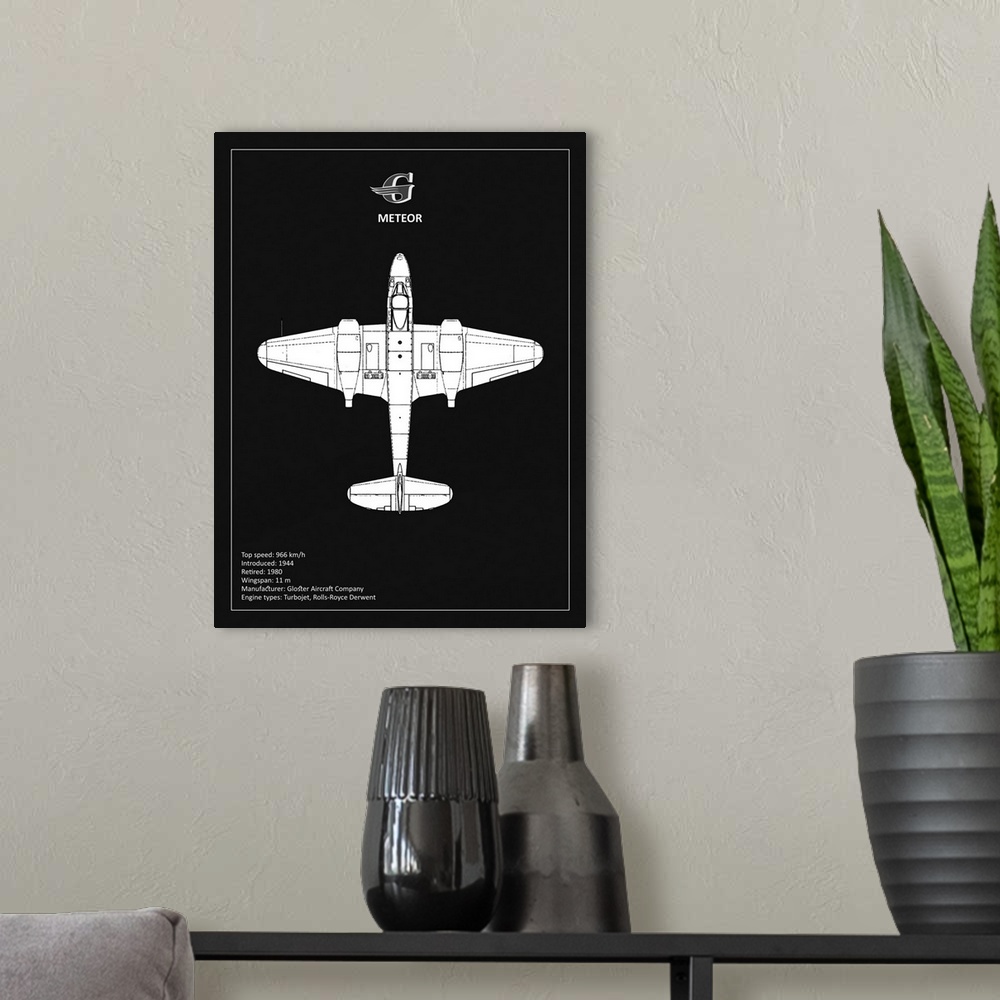 A modern room featuring Black and white diagram of a Gloster Meteor with written information at the bottom, on a black ba...