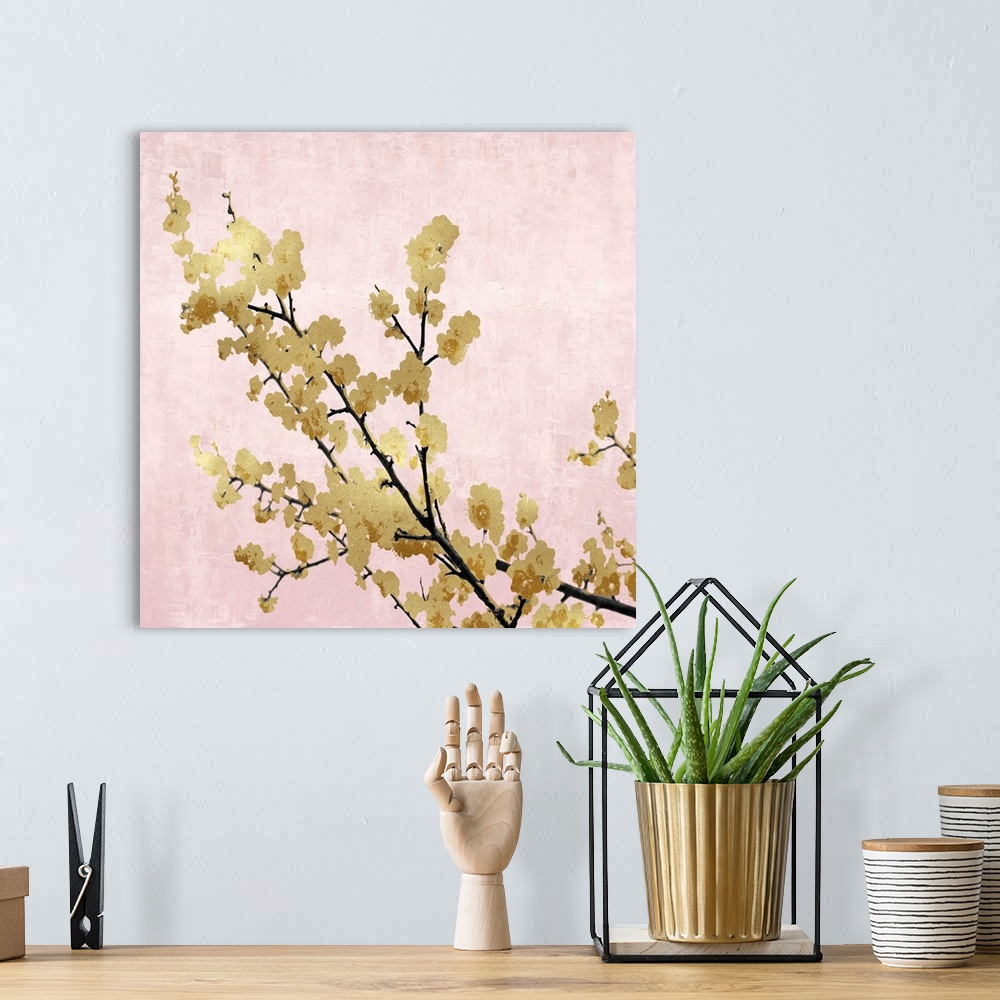 A bohemian room featuring Gold Blossoms on Pink I
