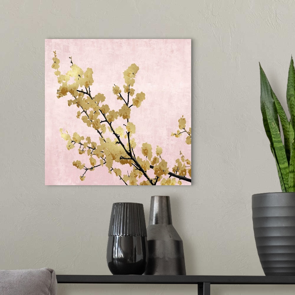 A modern room featuring Gold Blossoms on Pink I