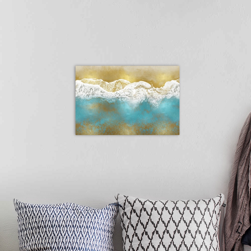 A bohemian room featuring One artwork in a series of aerial shots of a beach as blue waves break upon a gold shore.