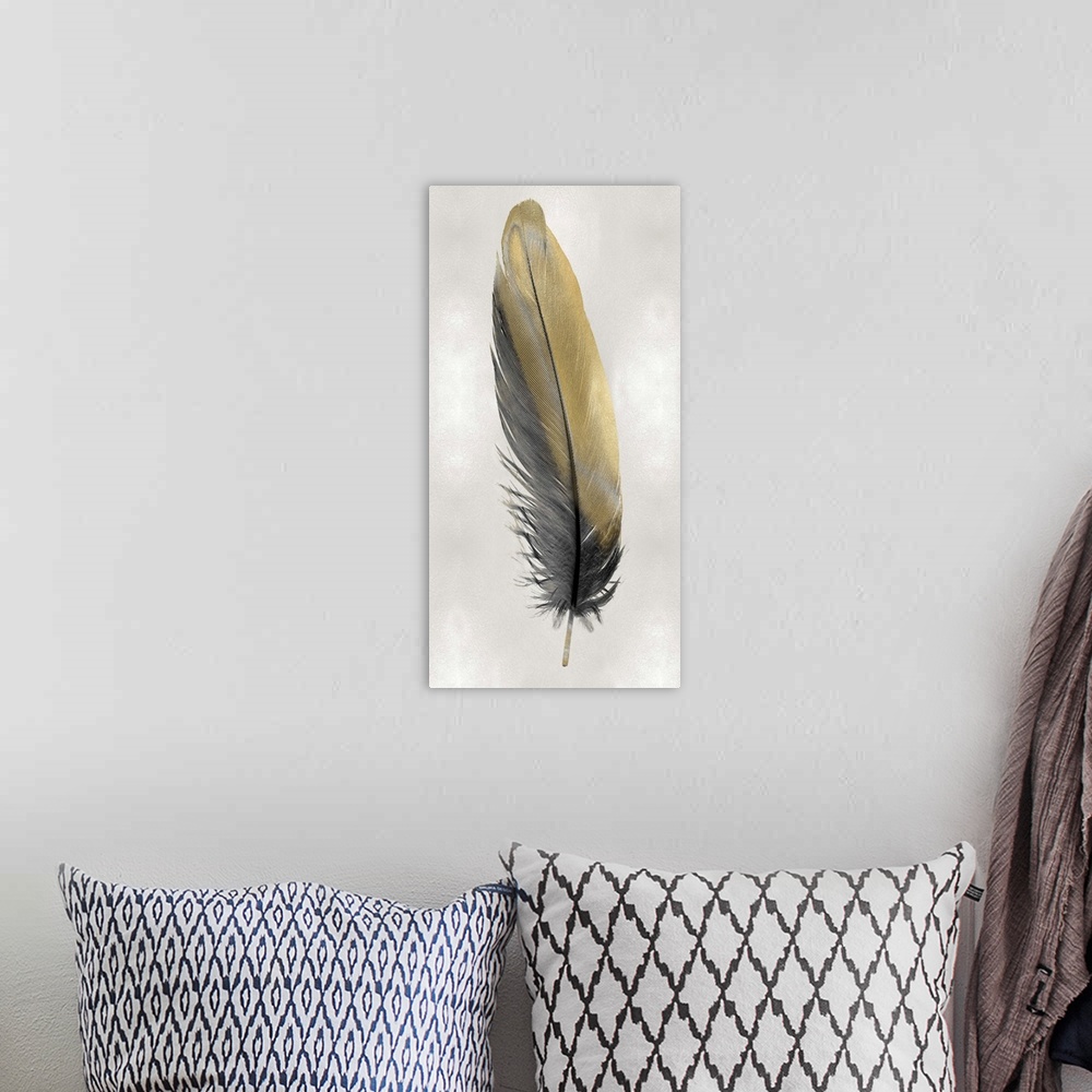A bohemian room featuring Illustration of a black and metallic gold feather on a shiny silver background.