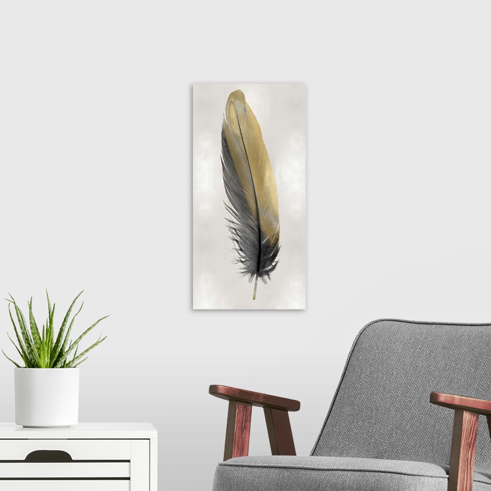 A modern room featuring Illustration of a black and metallic gold feather on a shiny silver background.