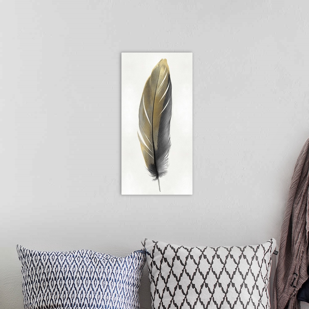 A bohemian room featuring Illustration of a black and metallic gold feather on a shiny silver background.