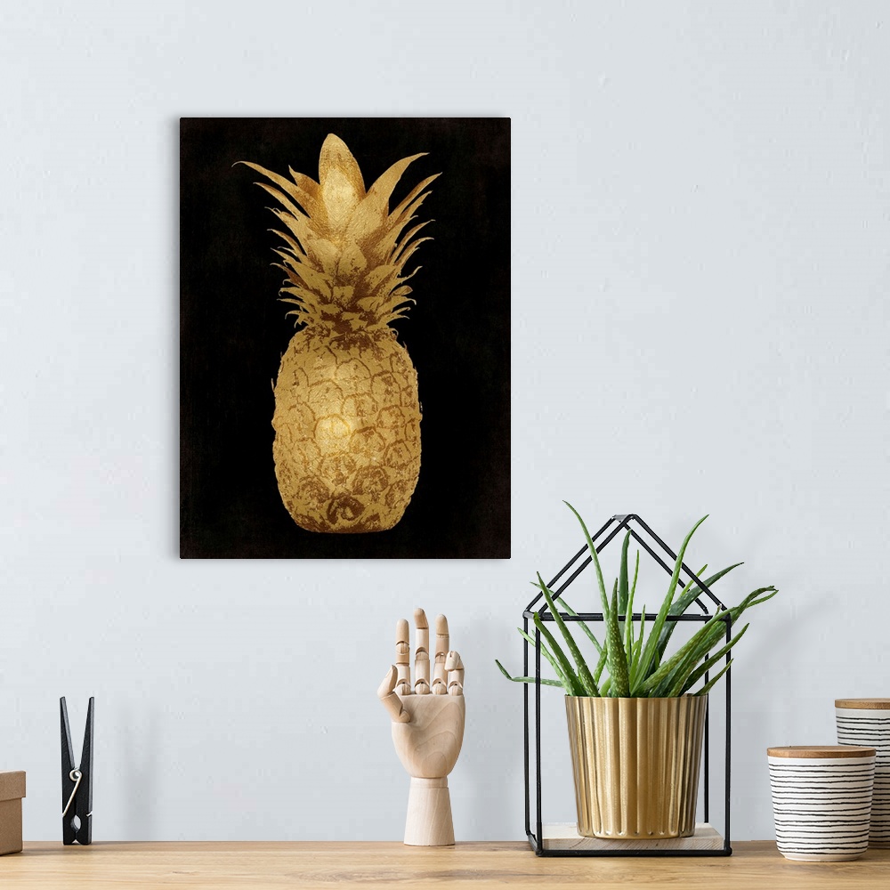 A bohemian room featuring Golden pineapples on a black background.