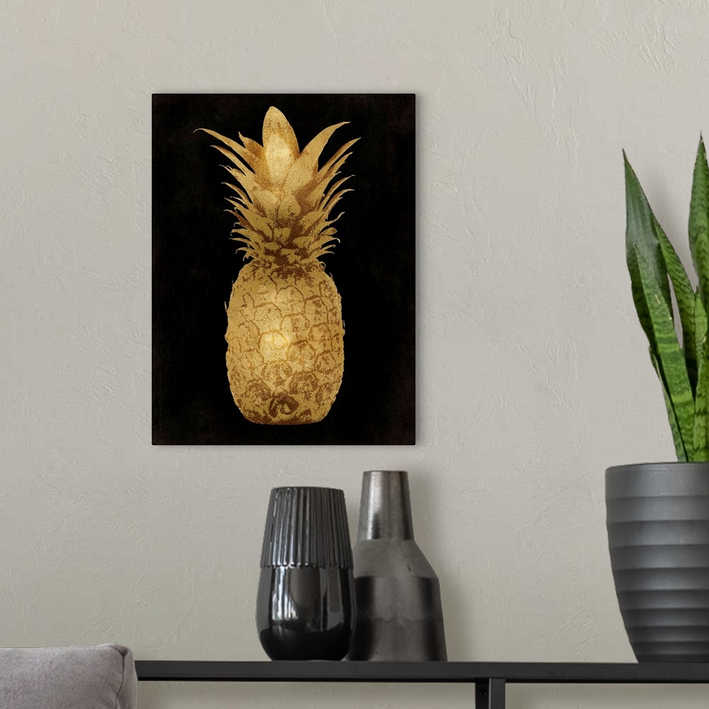 A modern room featuring Golden pineapples on a black background.