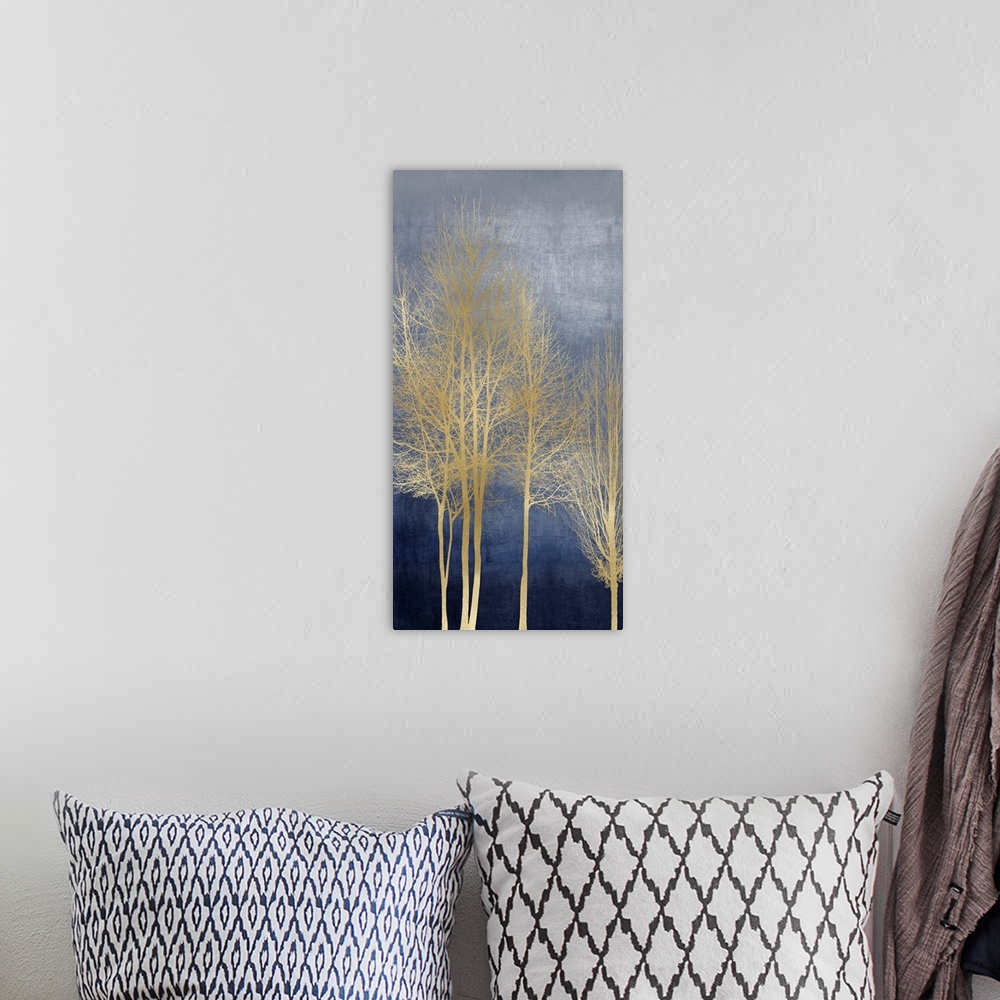 A bohemian room featuring Gold Trees on Blue Panel I
