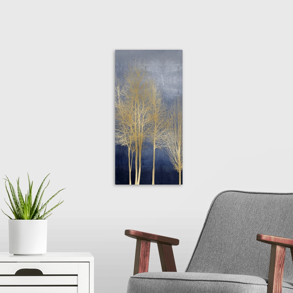 A modern room featuring Gold Trees on Blue Panel I