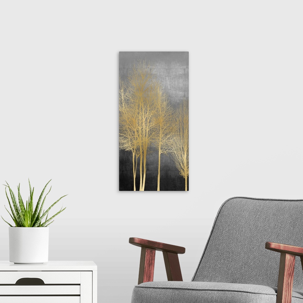 A modern room featuring Gold Trees on Gray Panel I