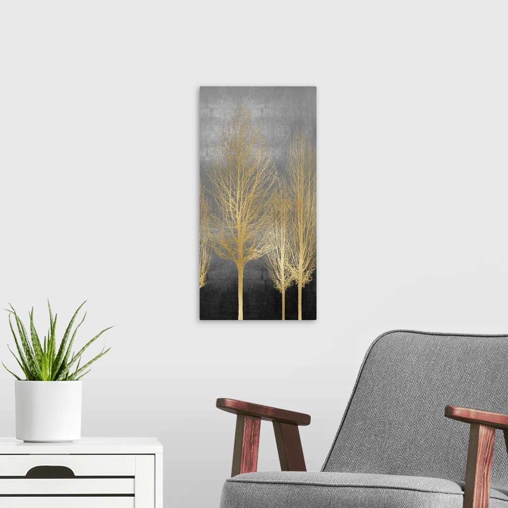 A modern room featuring Gold Trees on Gray Panel II
