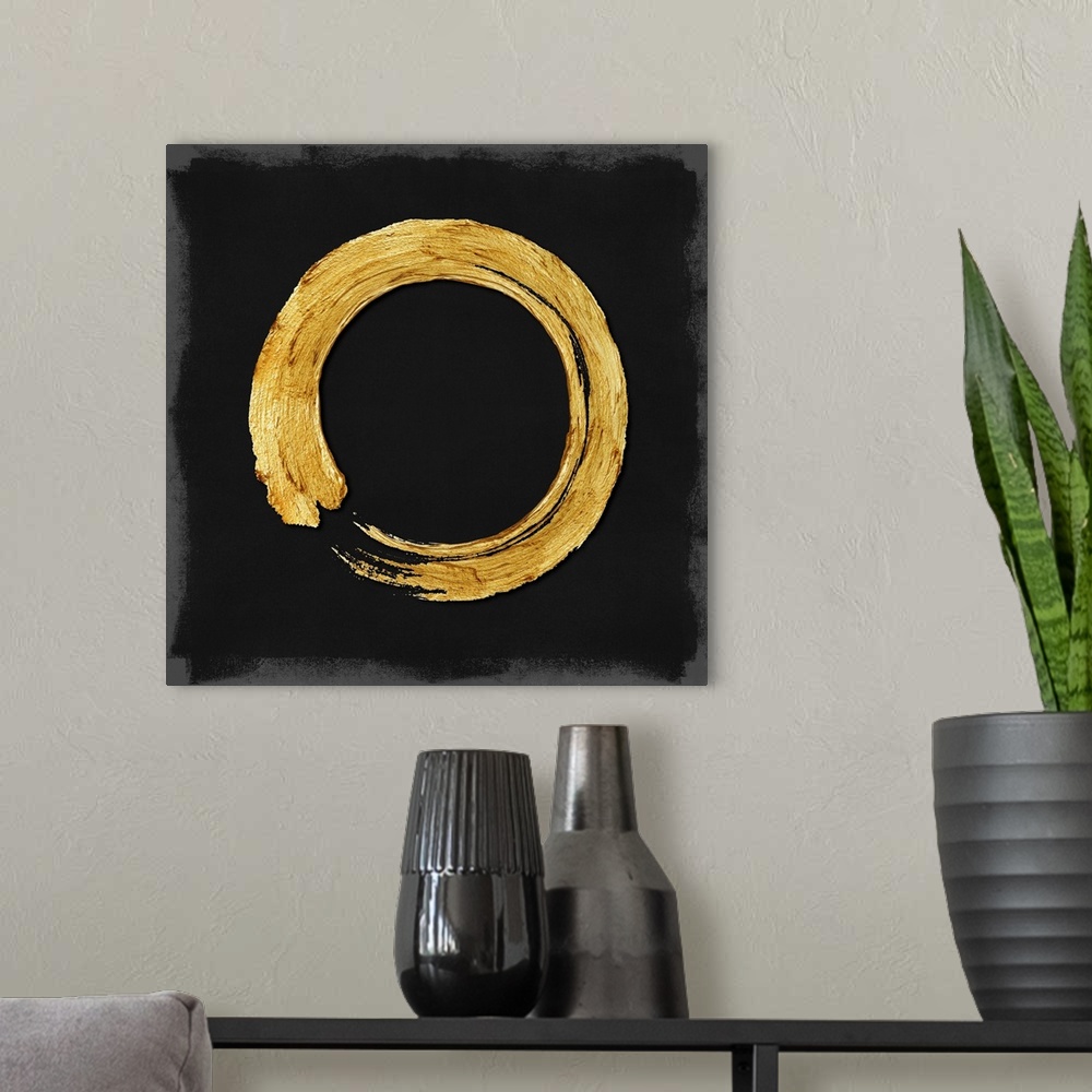 A modern room featuring This Zen artwork features a sweeping circular brush stroke in gold over a black background with m...