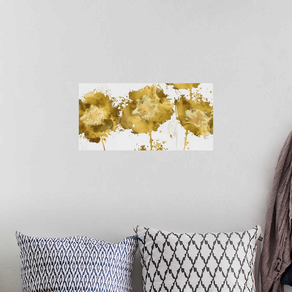 A bohemian room featuring Abstract illustrations of metallic gold flowers on a white background.