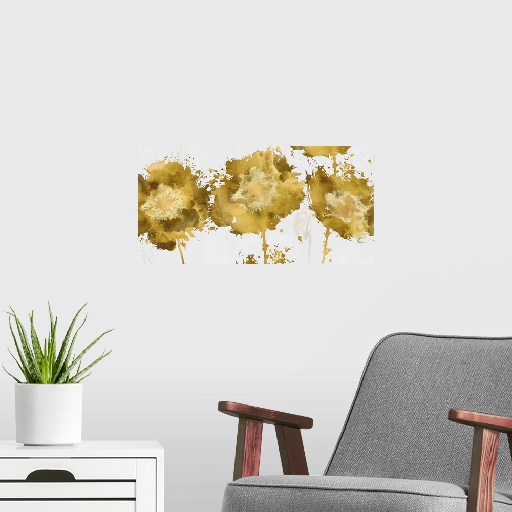 A modern room featuring Abstract illustrations of metallic gold flowers on a white background.