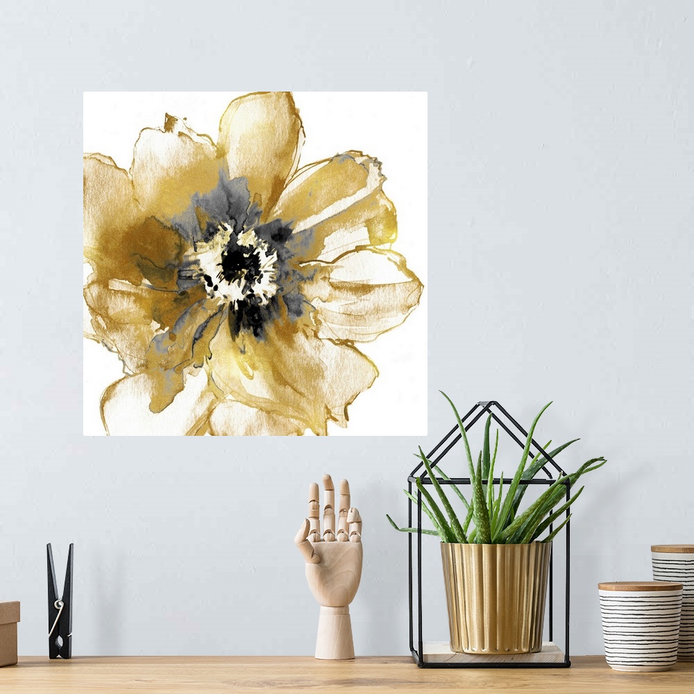 A bohemian room featuring Contemporary artwork featuring gold petals in foil texture with gray short brush strokes in the c...