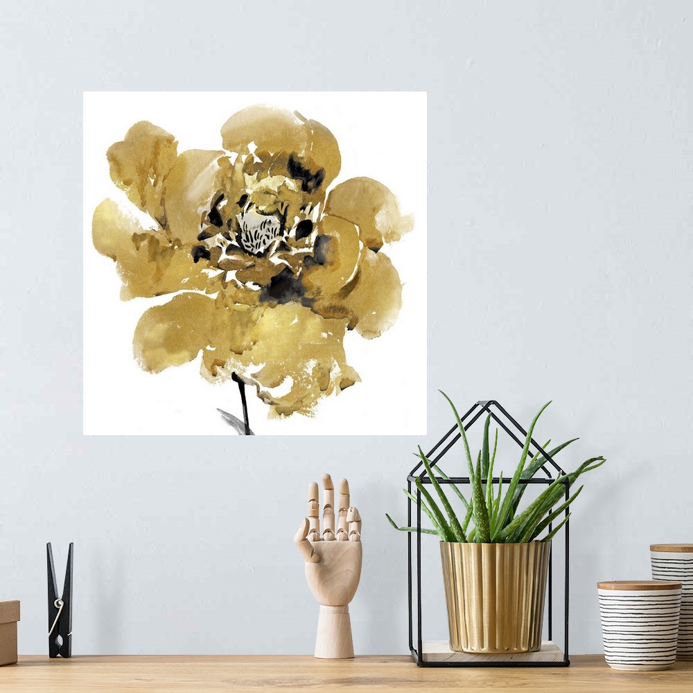 A bohemian room featuring This contemporary artwork features a single golden bloom with black inner petals over a white bac...