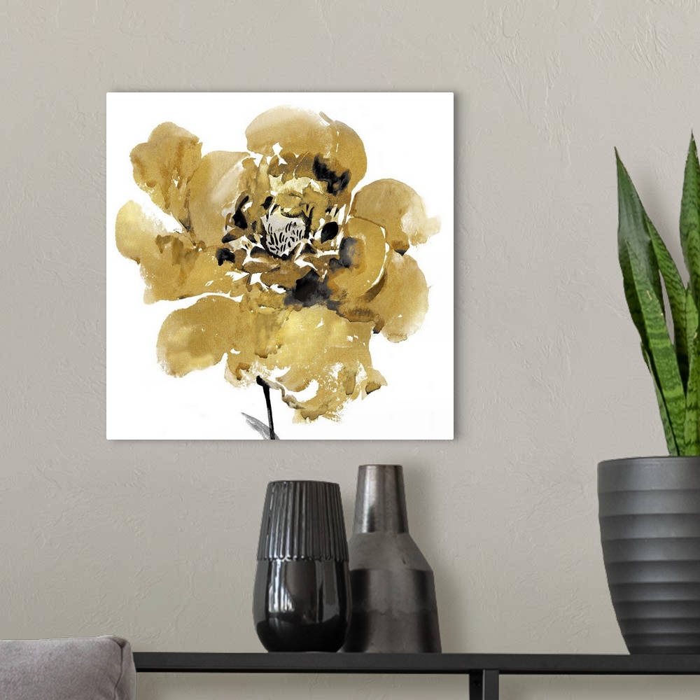 A modern room featuring This contemporary artwork features a single golden bloom with black inner petals over a white bac...