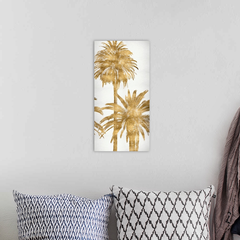 A bohemian room featuring Golden silhouettes of two palm trees on a solid white background.