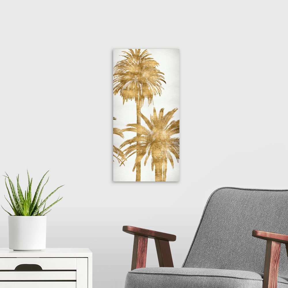 A modern room featuring Golden silhouettes of two palm trees on a solid white background.