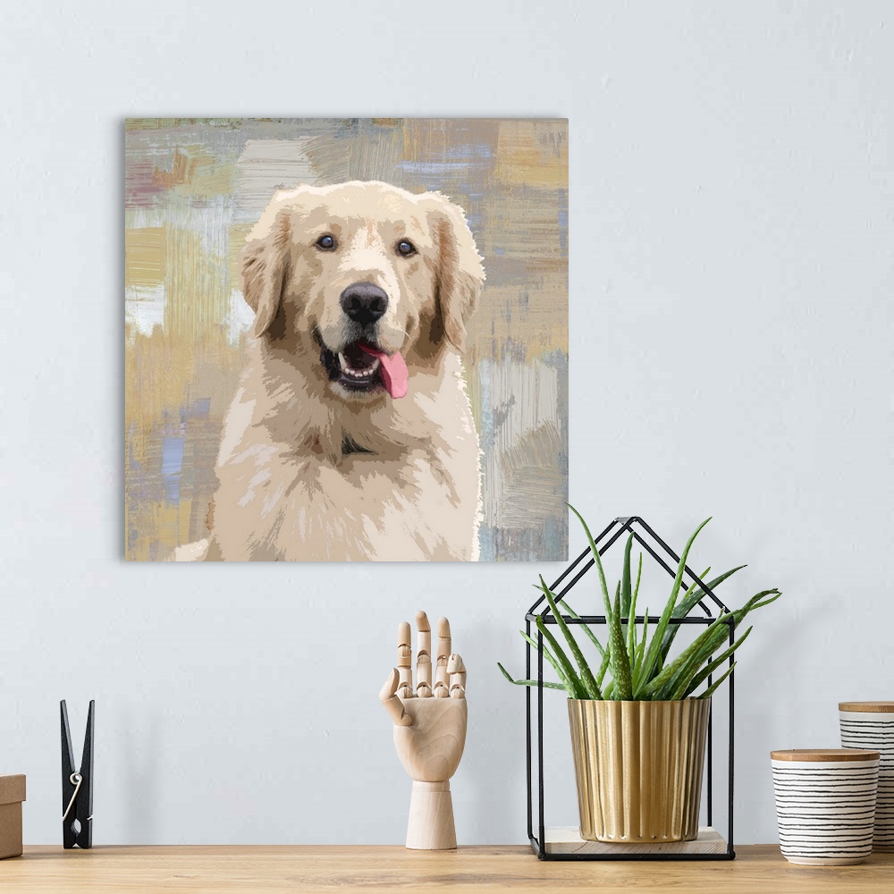 A bohemian room featuring Square decor with a portrait of a Golden Retriever on a layered gray, blue, and tan background.