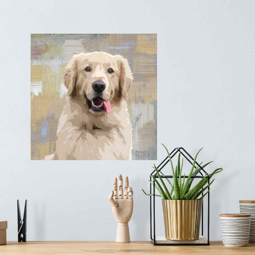 A bohemian room featuring Square decor with a portrait of a Golden Retriever on a layered gray, blue, and tan background.