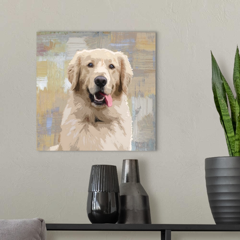 A modern room featuring Square decor with a portrait of a Golden Retriever on a layered gray, blue, and tan background.