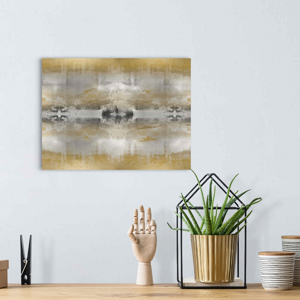 A bohemian room featuring Large abstract art in metallic silver, dark gray, and gold.