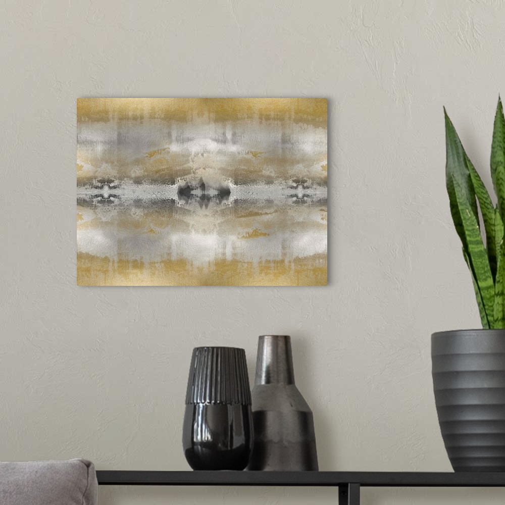 A modern room featuring Large abstract art in metallic silver, dark gray, and gold.