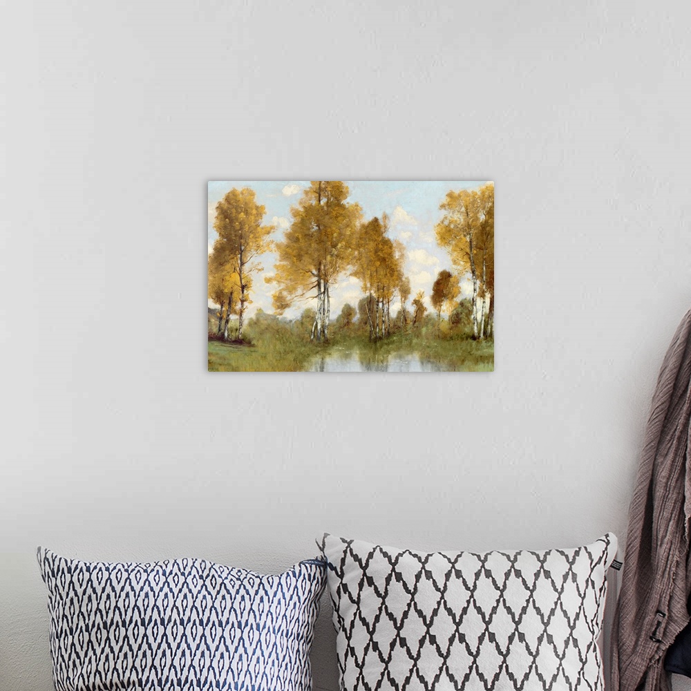 A bohemian room featuring A beautiful traditional style landscape painting of tall birch trees in autumn with golden foliage