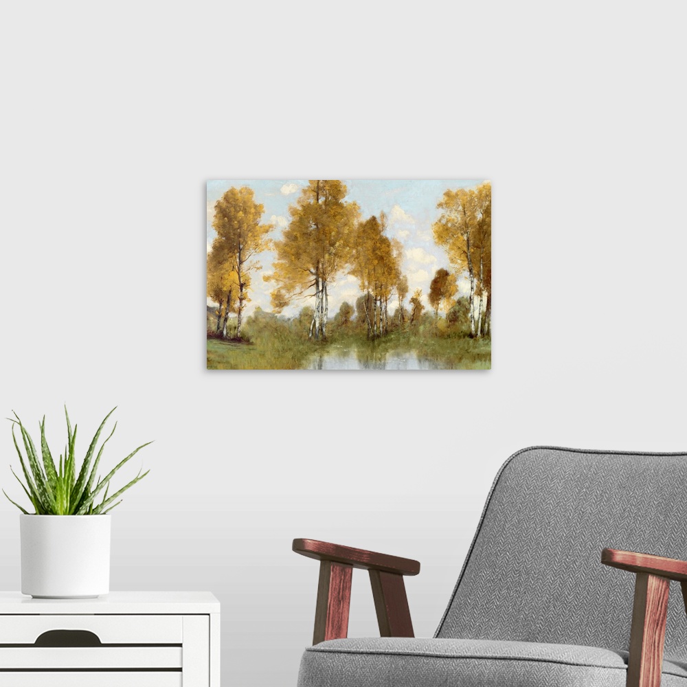 A modern room featuring A beautiful traditional style landscape painting of tall birch trees in autumn with golden foliage