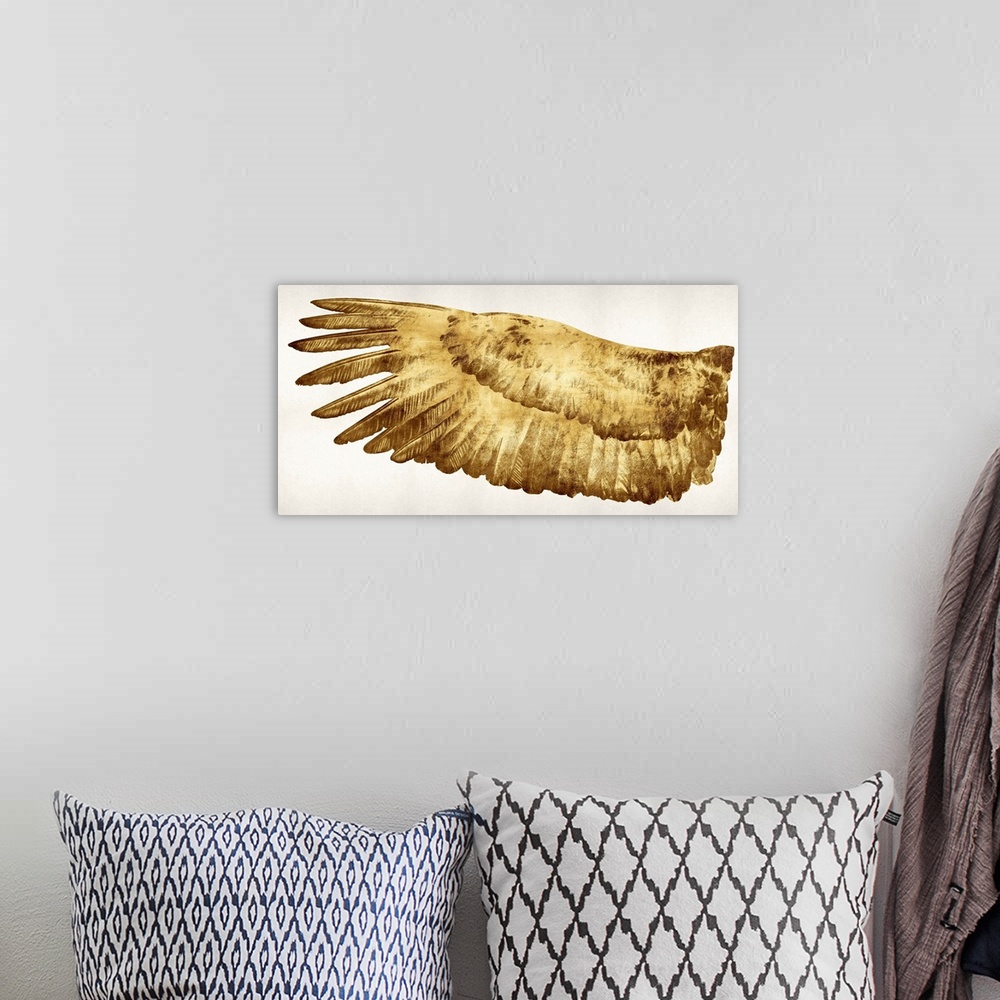 A bohemian room featuring A right golden wing on a solid white background.